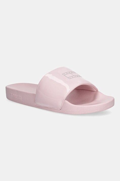 Pantofle Tommy Jeans FLAG POOL SLIDE PATENT dámské, růžová barva, EN0EN02901