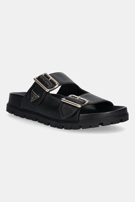 Δερμάτινες παντόφλες Guess FASTEN γυναικείες, χρώμα: μαύρο, FLTFST LEA03