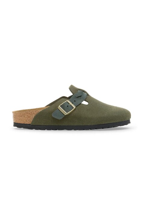 Birkenstock klapki zamszowe Boston Braided damskie kolor zielony 1030599