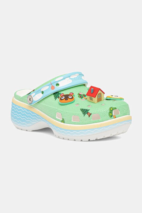 Pantofle Crocs Animal Crossing Platform Clog dámské, zelená barva, na platformě, 210101