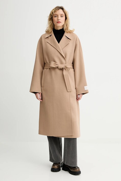 Kabát s příměsí vlny Calvin Klein béžová barva, LV040WL571