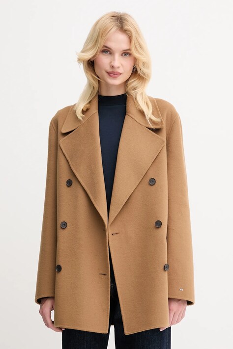 Kabát s vlnou Tommy Hilfiger hnědá barva, WW0WW47479