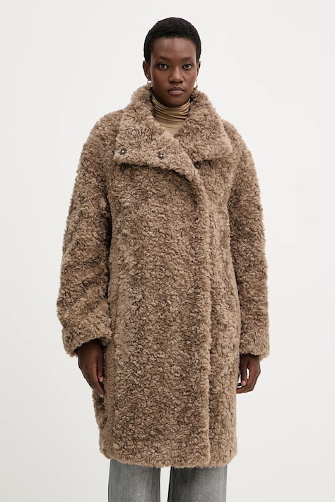 Plašč s primesjo volne BOSS bež barva, 50548340