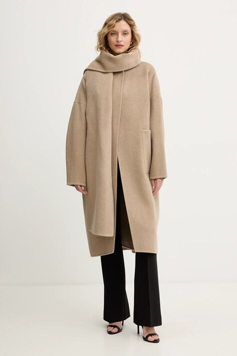 BOSS płaszcz z dodatkiem wełny kolor beżowy 50550809