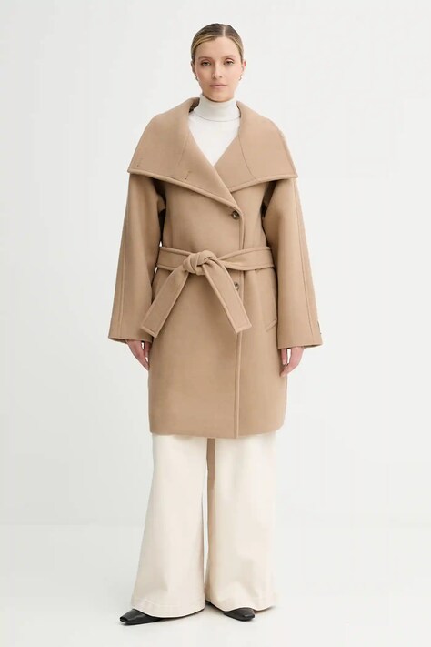 Calvin Klein płaszcz z wełną kolor beżowy LV044D557G