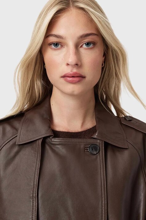 AllSaints płaszcz skórzany REED kolor brązowy W004LD