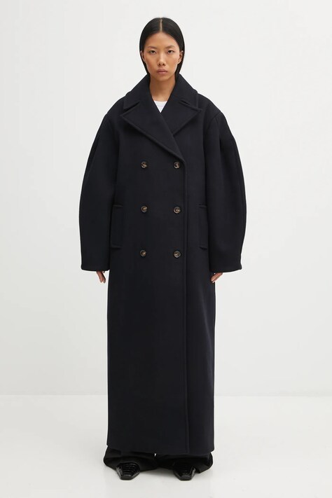 Kabát s prímesou vlny GANNI Peacoat Wool Long tmavomodrá farba, W0802