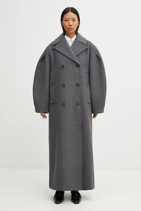 Kabát s prímesou vlny GANNI Peacoat Wool Long šedá farba, W0929