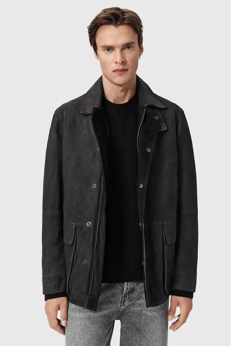Semišový kabát AllSaints BOLTON černá barva, M003LD