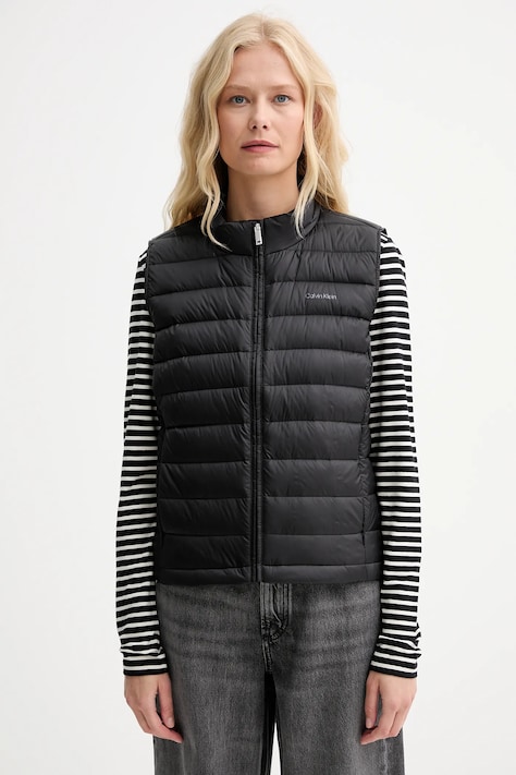 Páperová vesta Calvin Klein čierna farba, prechodná, LV044C529G