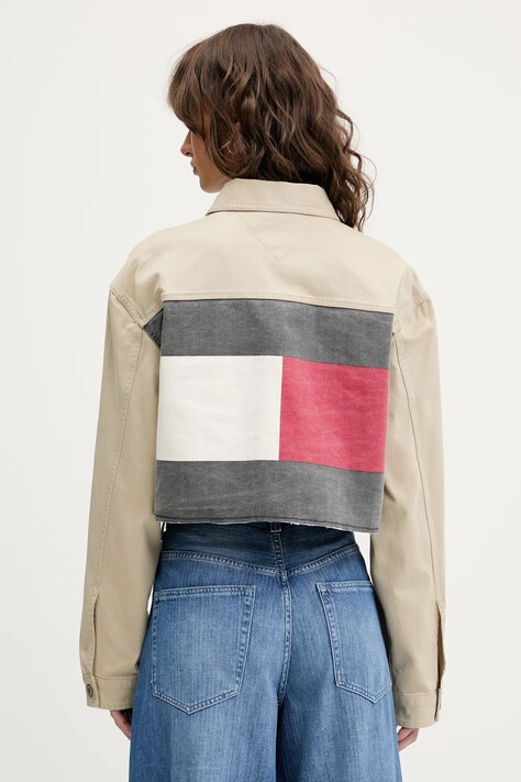 Tommy Jeans geacă jeans culoarea bej, de tranziție, oversize, DW0DW21431