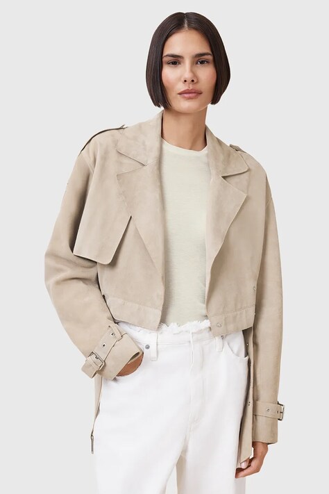 AllSaints geacă din piele întoarsă OPHELIA culoarea bej, de tranzitie, oversize, W054LC