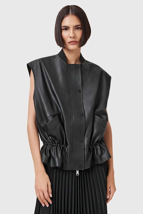 AllSaints vestă din piele SOFI culoarea negru, de tranzitie, W060LC