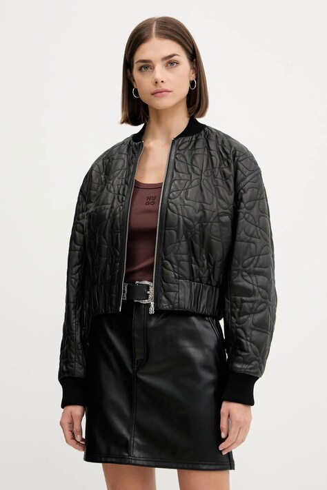 HUGO geacă bomber de piele culoarea negru, de tranziție, oversize, 50542331