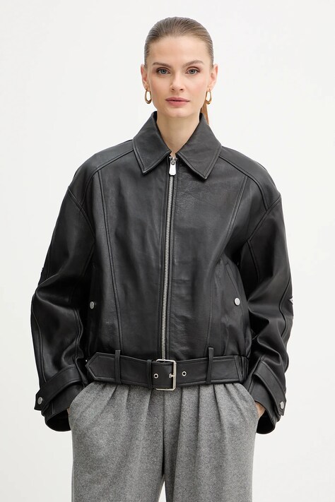 Pinko kurtka skórzana kolor czarny przejściowa oversize 105793 A2U7