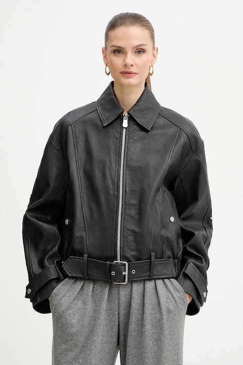 Pinko kurtka skórzana kolor czarny przejściowa oversize 105793 A2U7