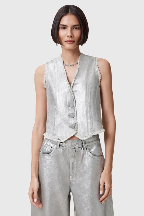 AllSaints vestă din bumbac ANDREA culoarea argintiu, de tranziție, W127PC
