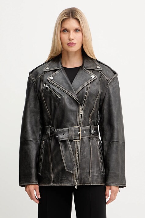 Stand Studio kurtka skórzana Leona kolor czarny przejściowa oversize 66547-7830