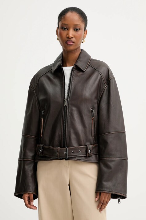 Шкіряна куртка Weekend Max Mara EGIZIO колір коричневий перехідна oversize 2525446011600