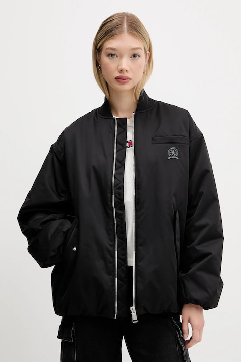 Bunda Tommy Jeans černá barva, zimní, oversize, DW0DW21629