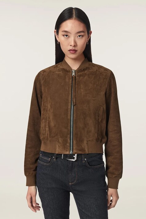 AllSaints Bomber jakna za žene od brušene kože ORTEN smeđa W041LD