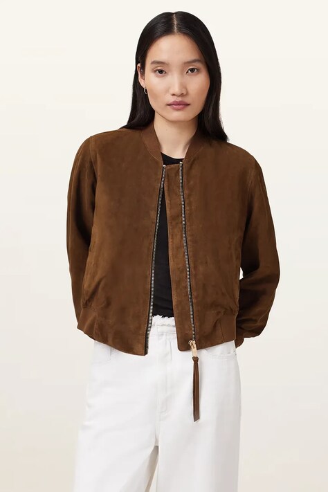 AllSaints kurtka zamszowa ORTEN kolor brązowy przejściowa W041LD