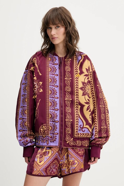 adidas kurtka bomber x Farm Rio kolor bordowy przejściowa oversize JL8621
