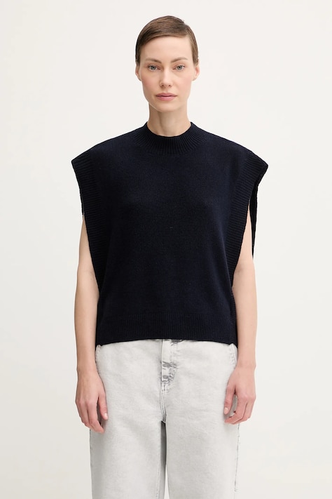 Vuneni prsluk A.P.C. Pull Mathilde boja: tamno plava, lagane, s poludolčevitom, WOASA.F23430
