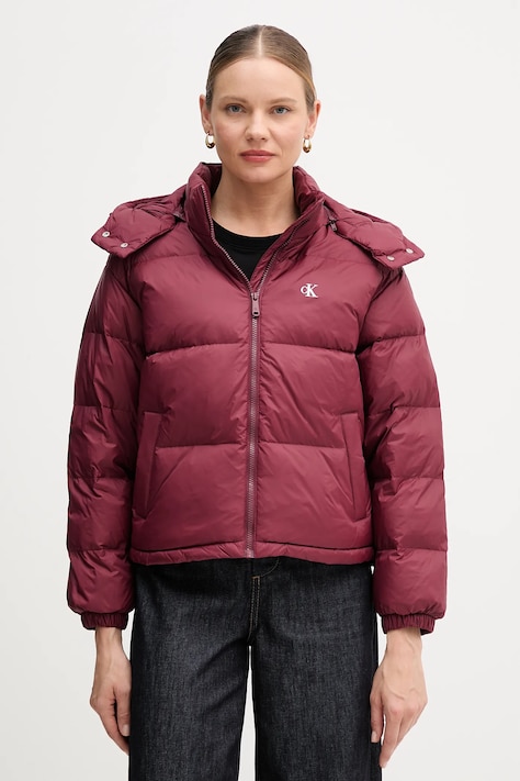 Пухено яке Calvin Klein Jeans в бордо зимен модел с уголемена кройка LV047D501G