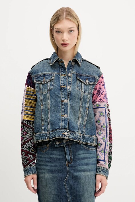 Desigual kurtka jeansowa ETNIC kolor granatowy przejściowa 25WWED14