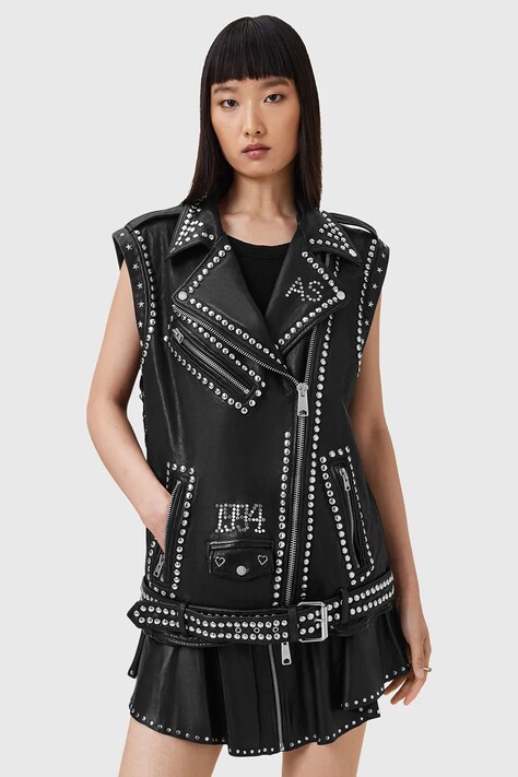 AllSaints bezrękawnik skórzany BILLIE kolor czarny przejściowa oversize W051LC