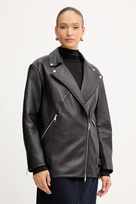 Шкіряна куртка BOSS колір чорний демісезонна oversize 50547474