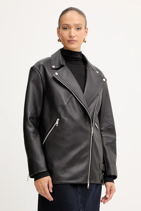 Шкіряна куртка BOSS колір чорний демісезонна oversize 50547474