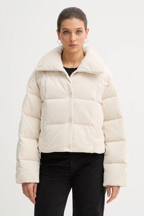 Calvin Klein Jeans kurtka sztruksowa puchowa kolor beżowy zimowa LV044D527G