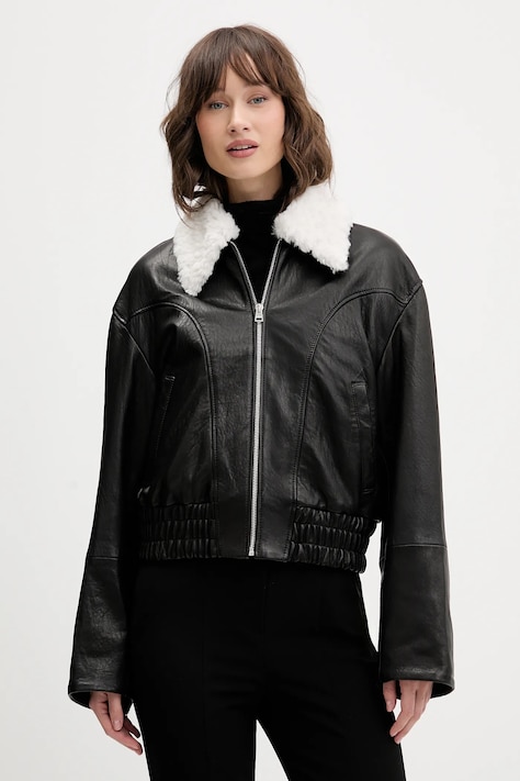 Kožená bunda HUGO černá barva, přechodná, oversize, 50547184