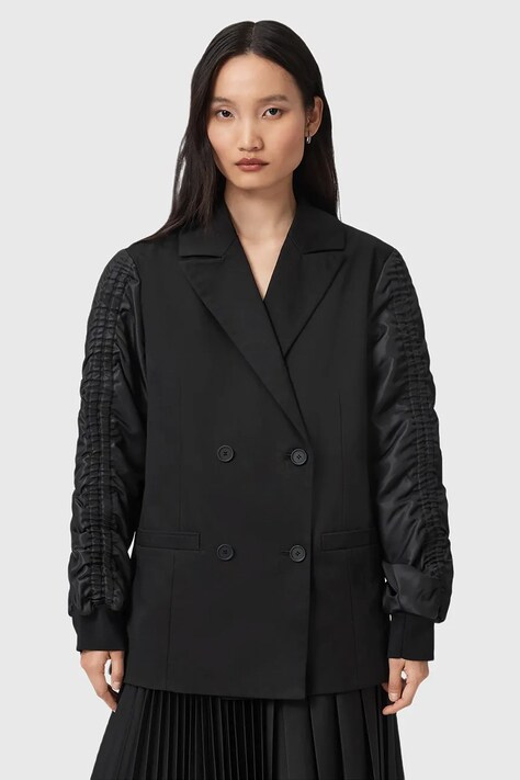 AllSaints sacou LORNA culoarea negru, cu doua rânduri de nasturi, uni, W009OD
