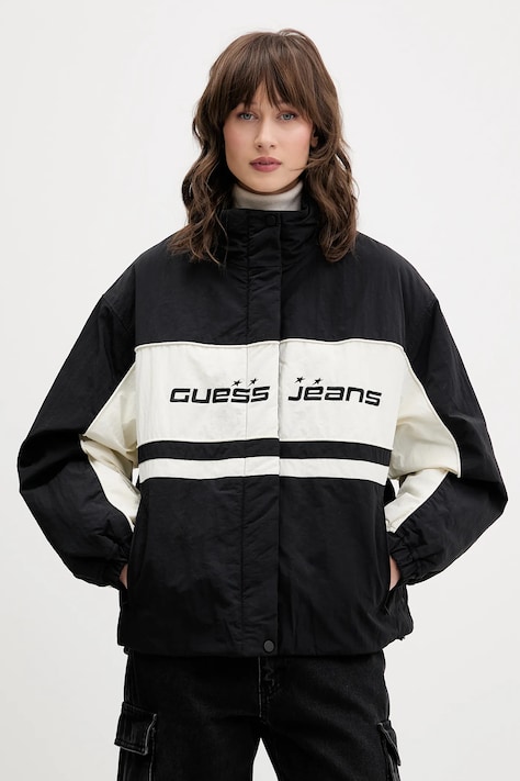 Bunda Guess Jeans černá barva, přechodná, oversize, W5BL11 WGYL2