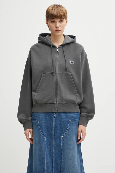 Carhartt WIP bluza bawełniana W' Hooded Nelson Jacket damska kolor szary z kapturem gładka I033830.89GD