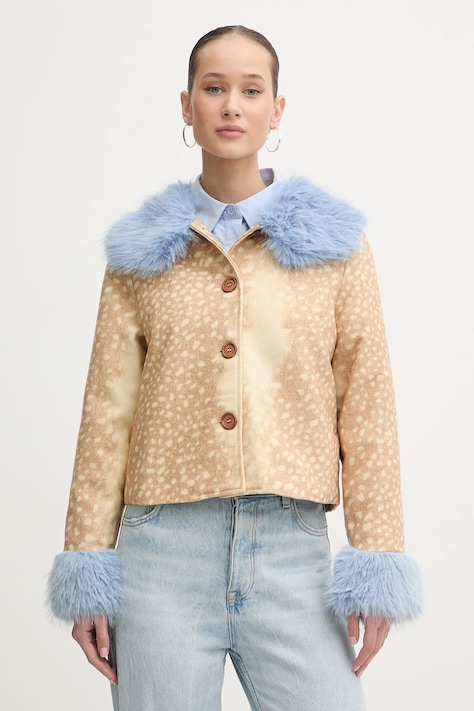 Never Fully Dressed kurtka z dodatkiem wełny kolor beżowy przejściowa NFDOU443