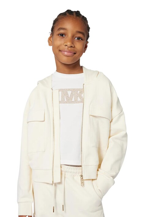 Jakna Michael Kors bež barva, s kapuco, R30471
