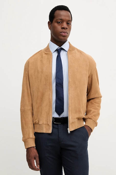 Semišová bunda bomber BOSS zelená farba, prechodná, 50543213