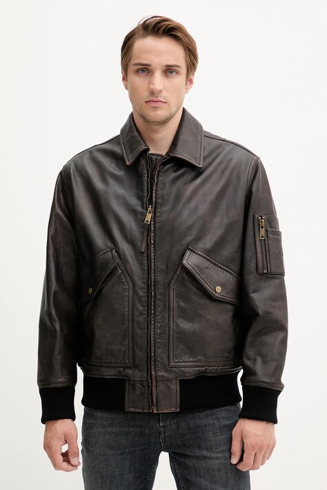 HUGO bőr bomberdzseki barna, átmeneti, 50541865