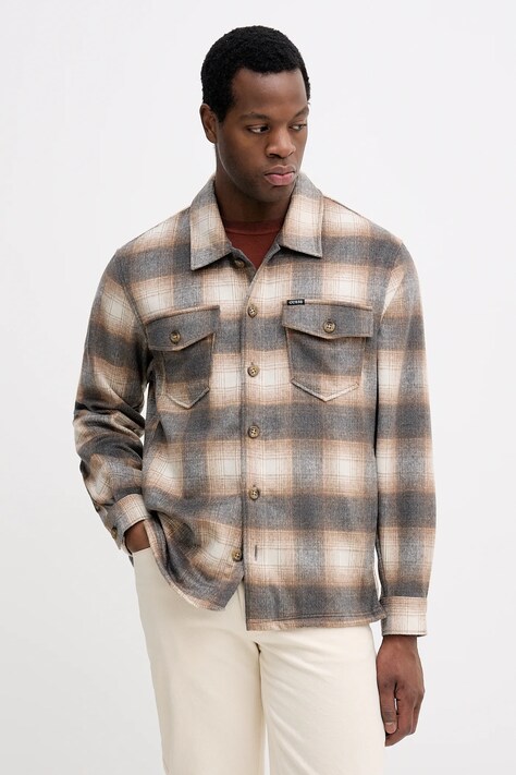 Košeľa s prímesou vlny Guess béžová farba, regular, s klasickým golierom, M5BH31 W2012