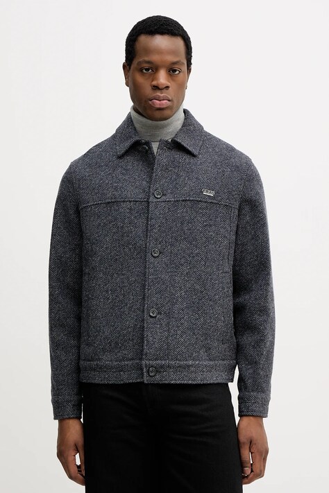 Guess kurtka z dodatkiem wełny HERRINGBONE kolor szary przejściowa M5BH88 KA680