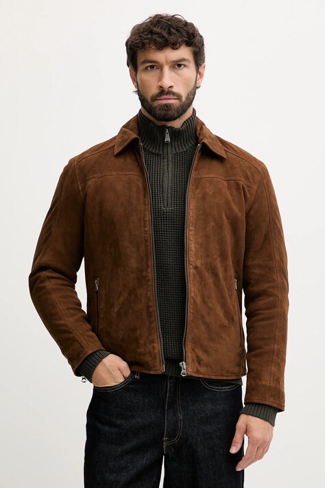 Pepe Jeans geacă din piele întoarsă culoarea maro, de tranziție, PM4027183