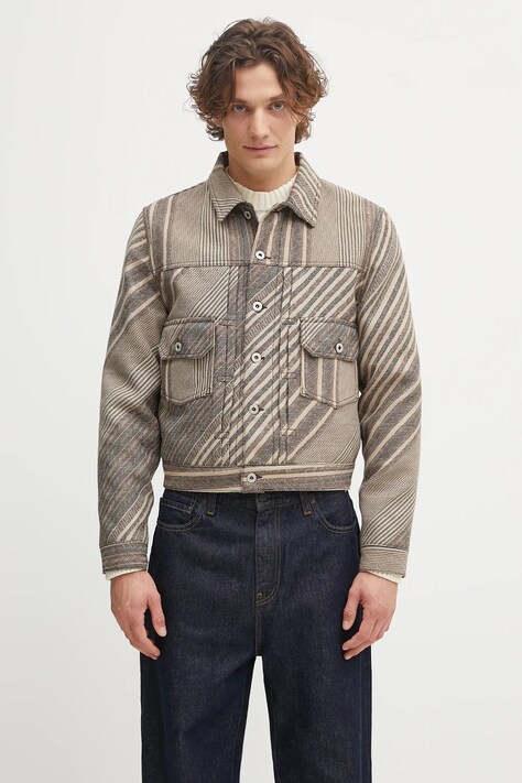 Bunda s příměsí vlny Kenzo Diagonal Stripe Slim Pleated Trucker béžová barva, FF65VE3029IO