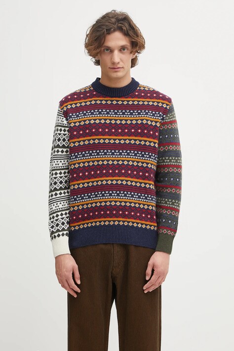 Barbour sweter z dodatkiem wełny Patchwork Fair Isle Crew Neck Sweater męski kolor granatowy MKN1651NY31
