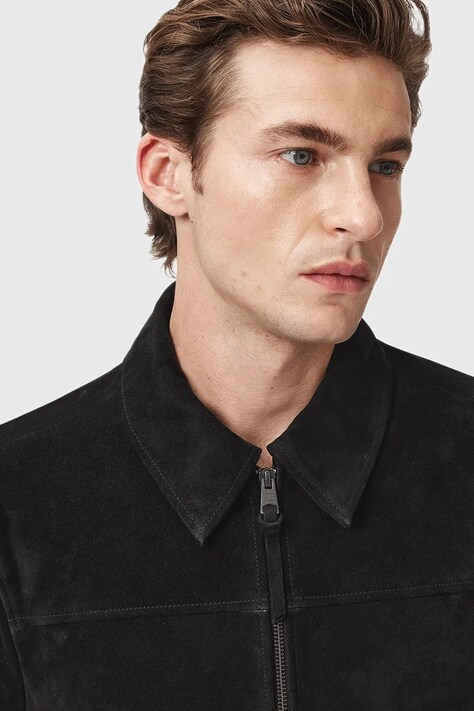 AllSaints kurtka zamszowa RHONE kolor czarny przejściowa M011LD