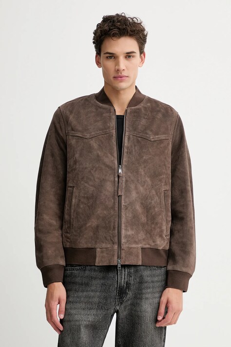 AllSaints jachetă bomber din piele întoarsă ZEALAND culoarea maro, de tranziție, M049LD