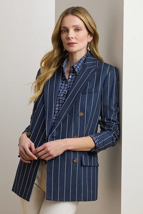 Lauren Ralph Lauren blazer din amestec de in culoarea bleumarin, cu doua randuri de nasturi, cu imprimeu, 200973085